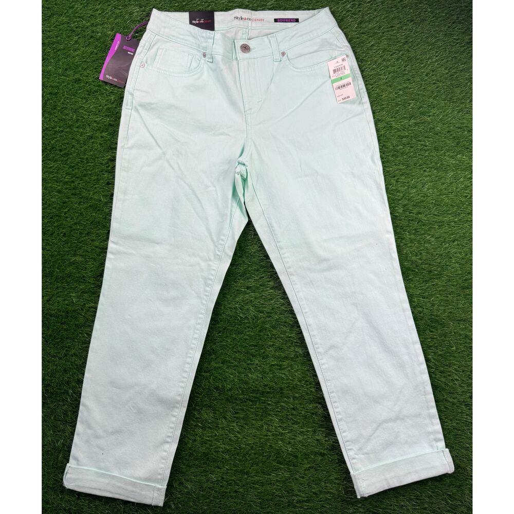 Style & Co Denim Women’s Boyfriend Jeans Size 8 Aqua Blue Rolled Cuff Pants NWT